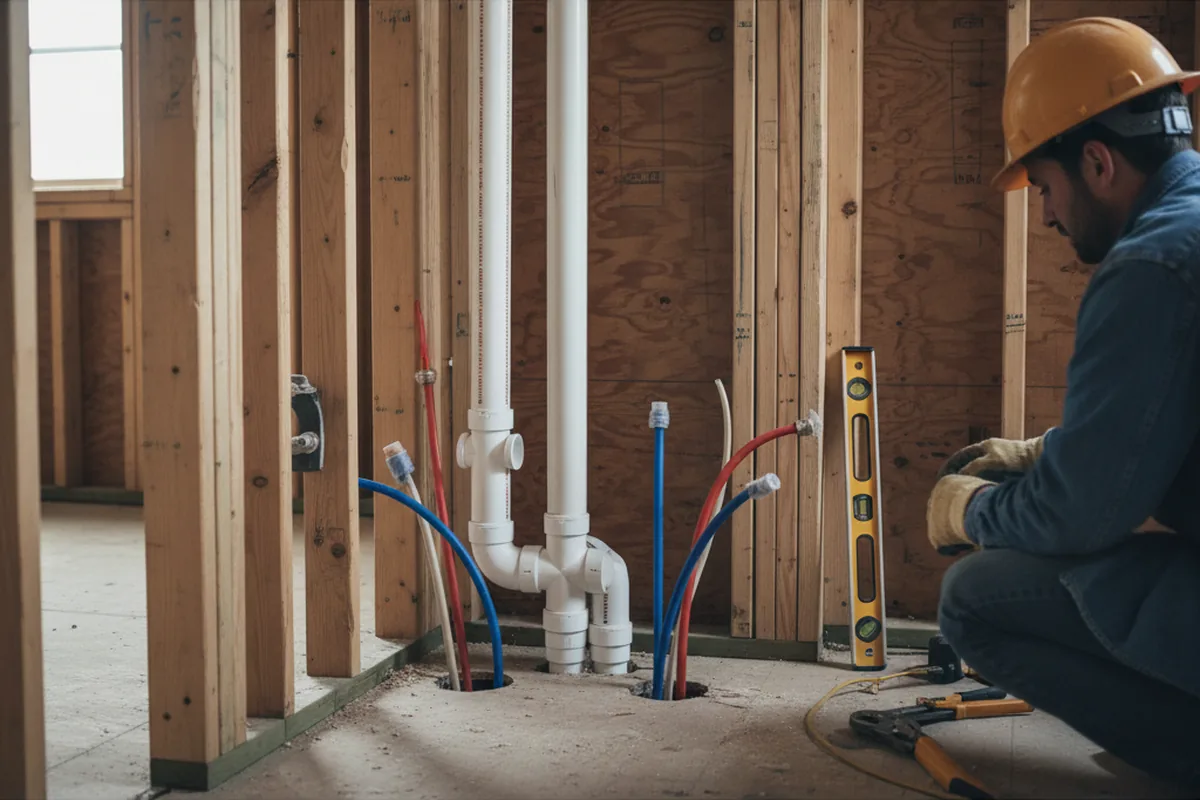 Drain and supply rough-in during Sump Pump Repair in Frontenac